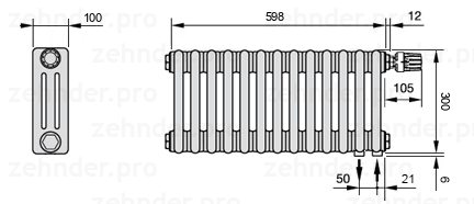 Схема (чертеж) Радиатор Zehnder Charleston 3030/13 №V002 Белый глянцевый RAL 9016